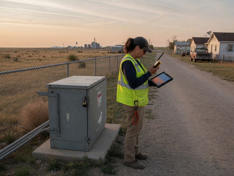Field crew with a tablet and radio beside a utility cabinet.