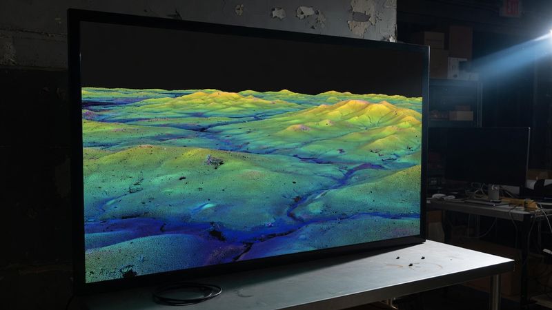 Colorized lidar point cloud on a shop monitor.